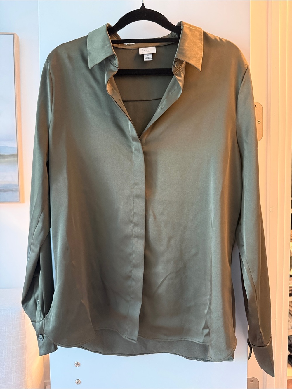 Satin Olive Button-Front Shirt